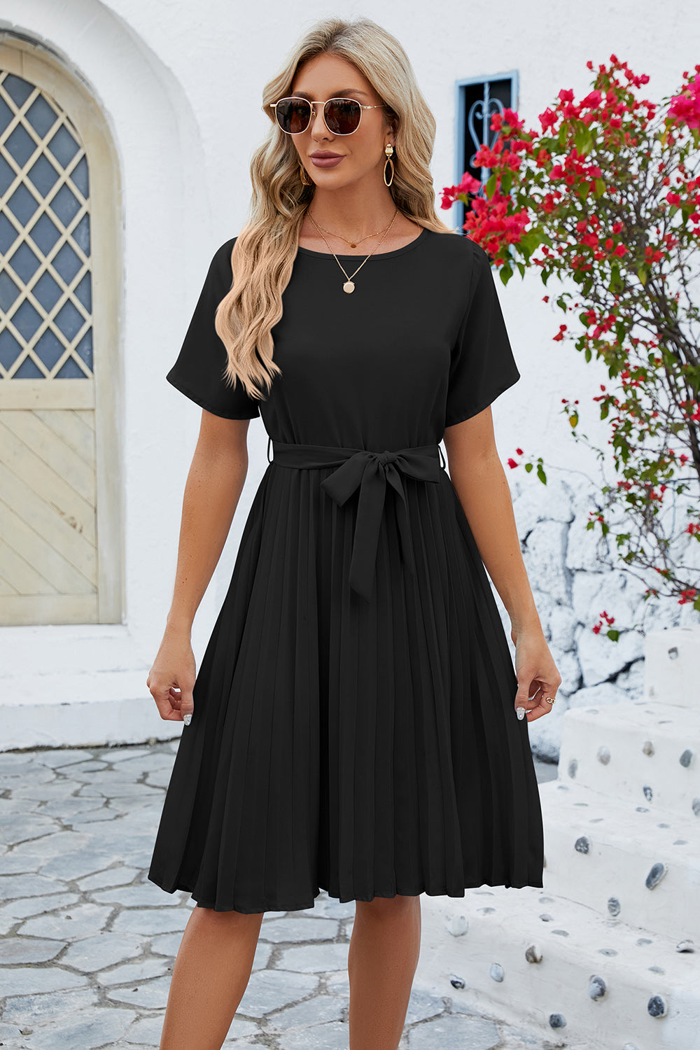 Pleated Tie Waist Short Sleeve Dress | AdoreStarr