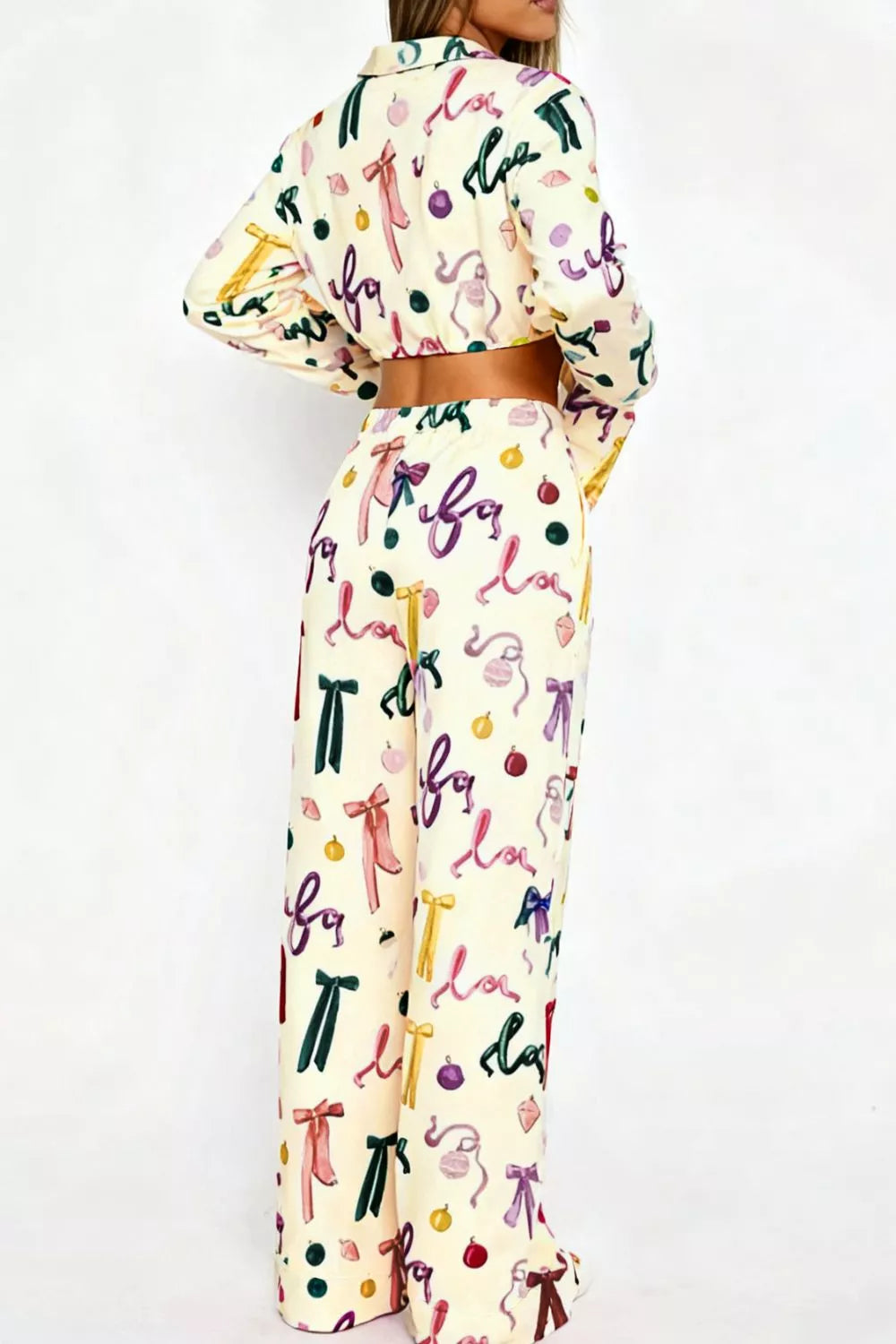 Bow Print Top and Wide Leg Pants Lounge Set -