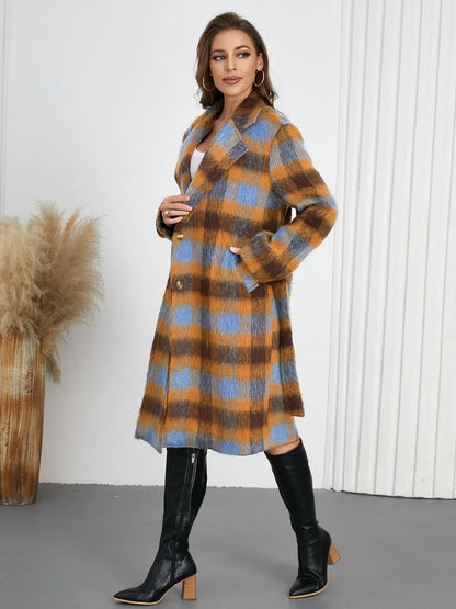 Tied Plaid Collared Neck Coat - Light Blue