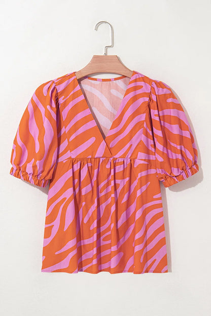 Zebra Stripe Print Ruched Cuff Half Sleeve Blouse -