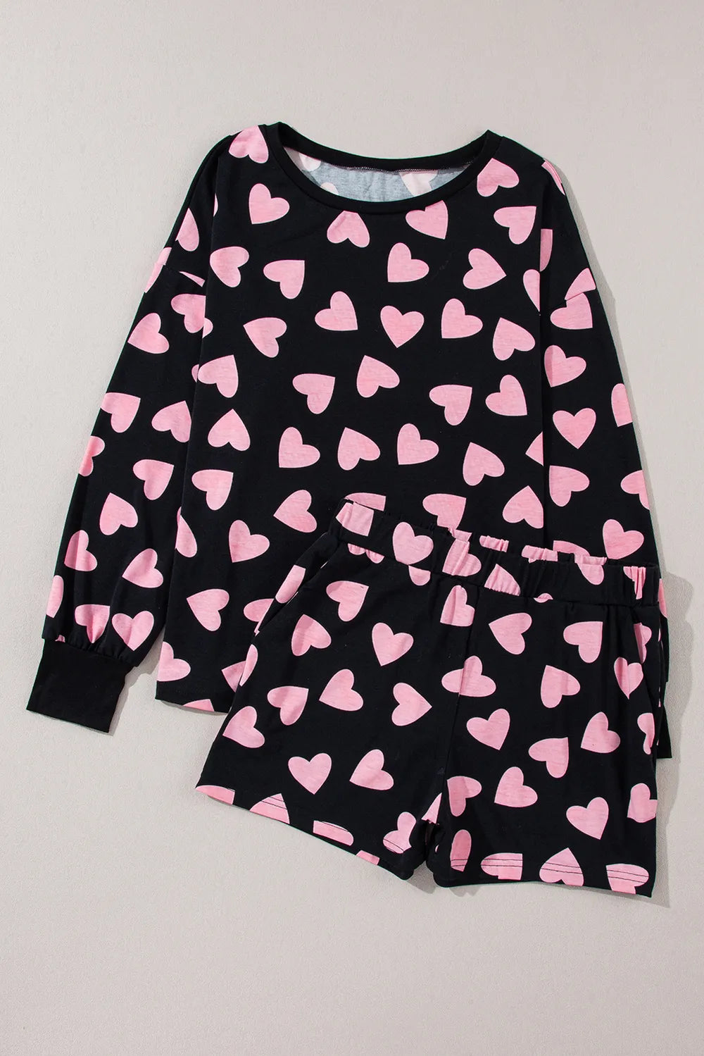 Heart Print Long Sleeve Top and Shorts Lounge Set -