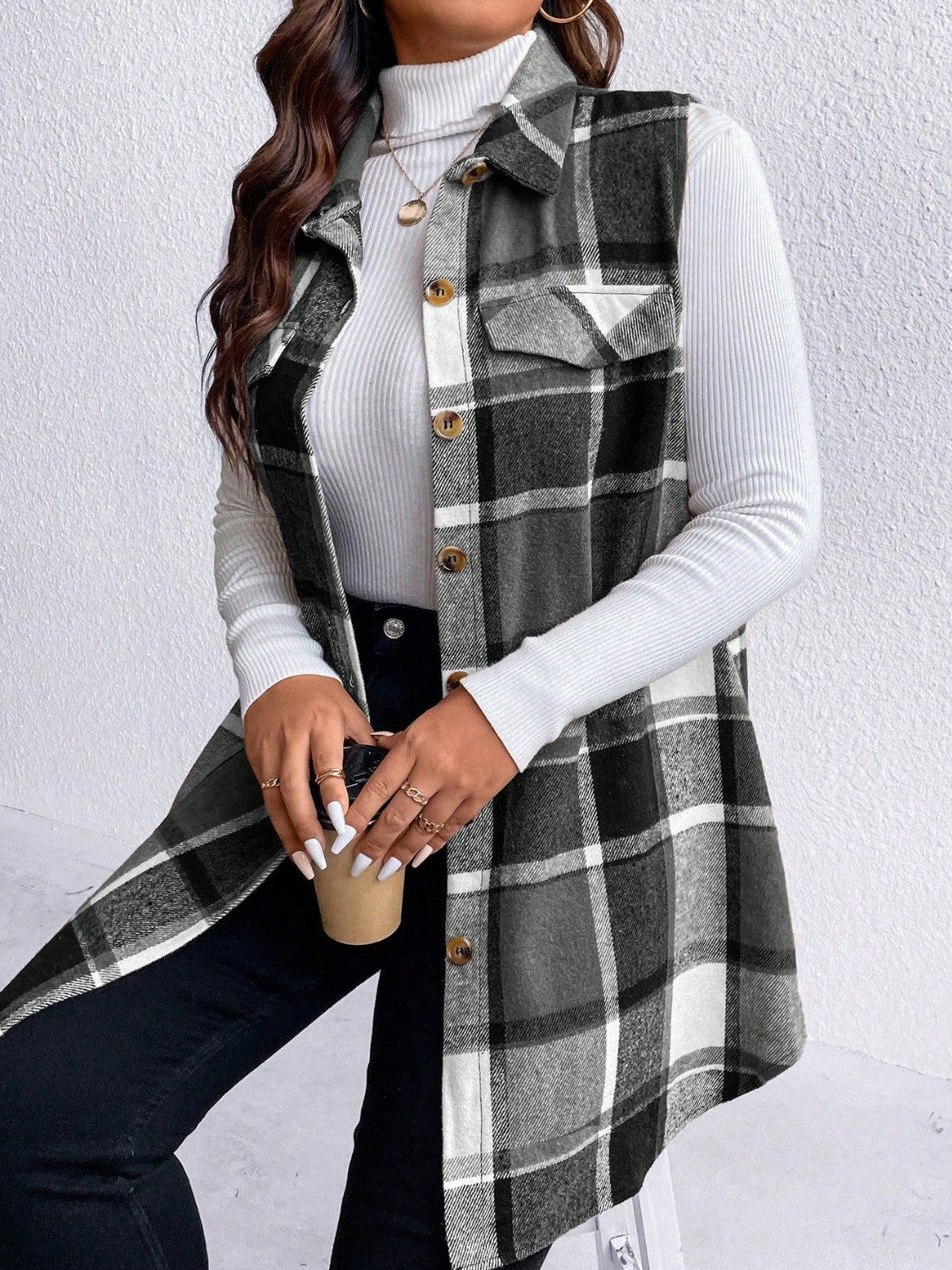 Plus Size Pocketed Plaid Button Up Vest Coat - Black