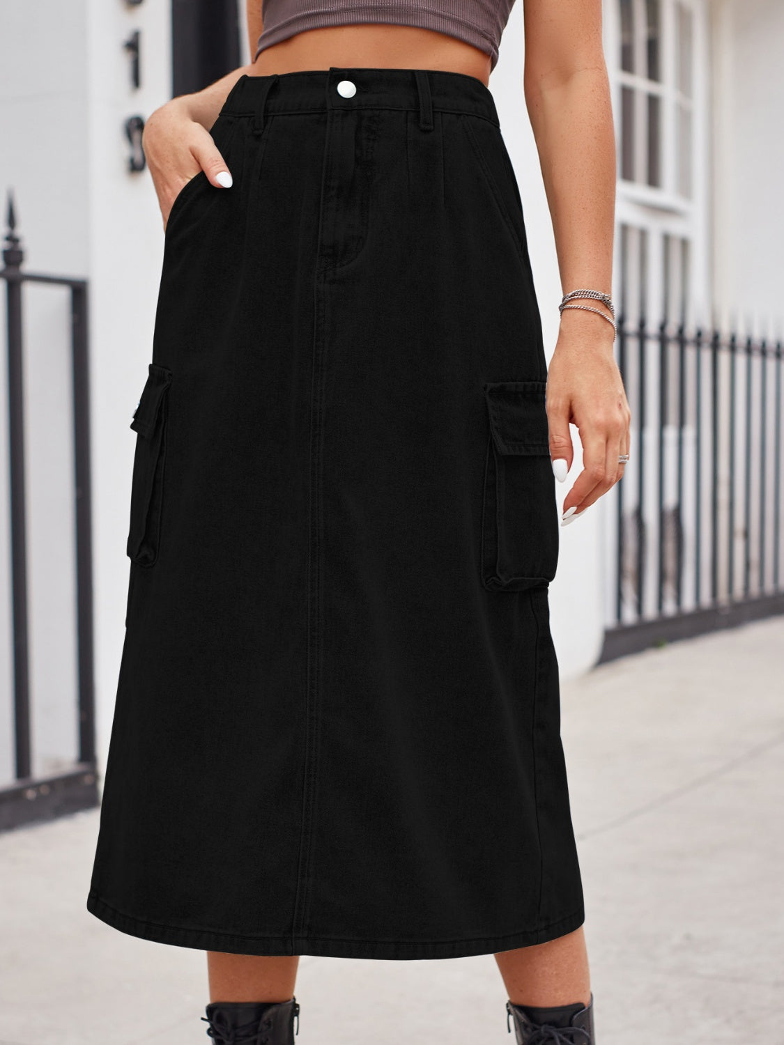 Slit Buttoned Denim Skirt with Pockets - Black