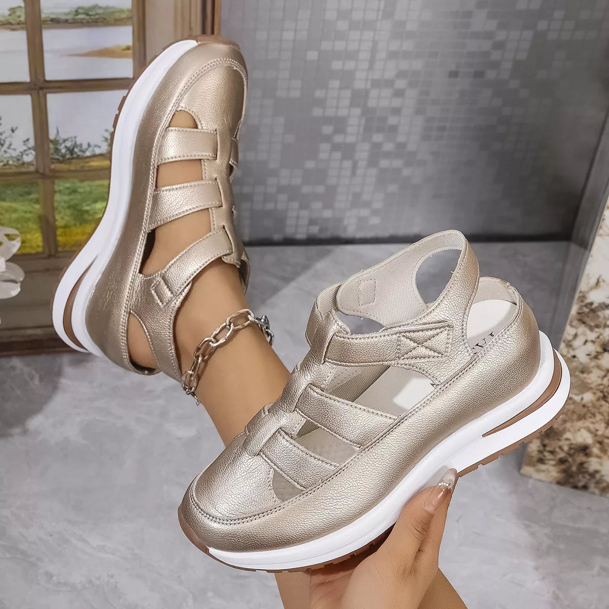 Cutout Wedge Velcro Sandals -