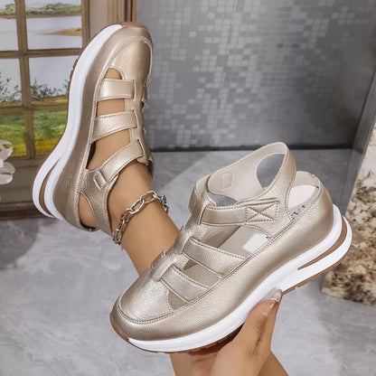 Cutout Wedge Velcro Sandals -