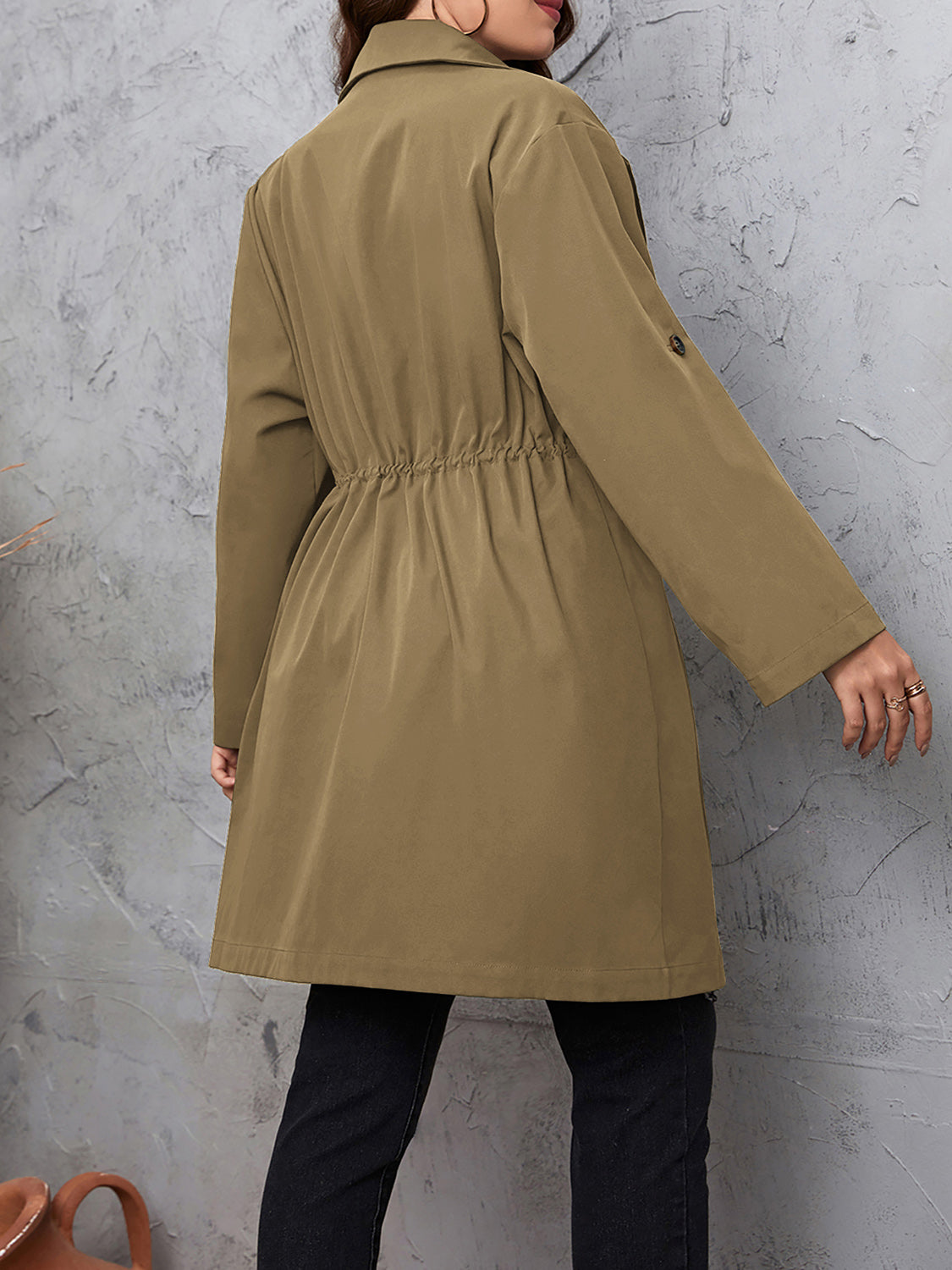 Plus Size Lapel Collar Drawstring Roll-Tab Sleeve Trench Coat - Mocha