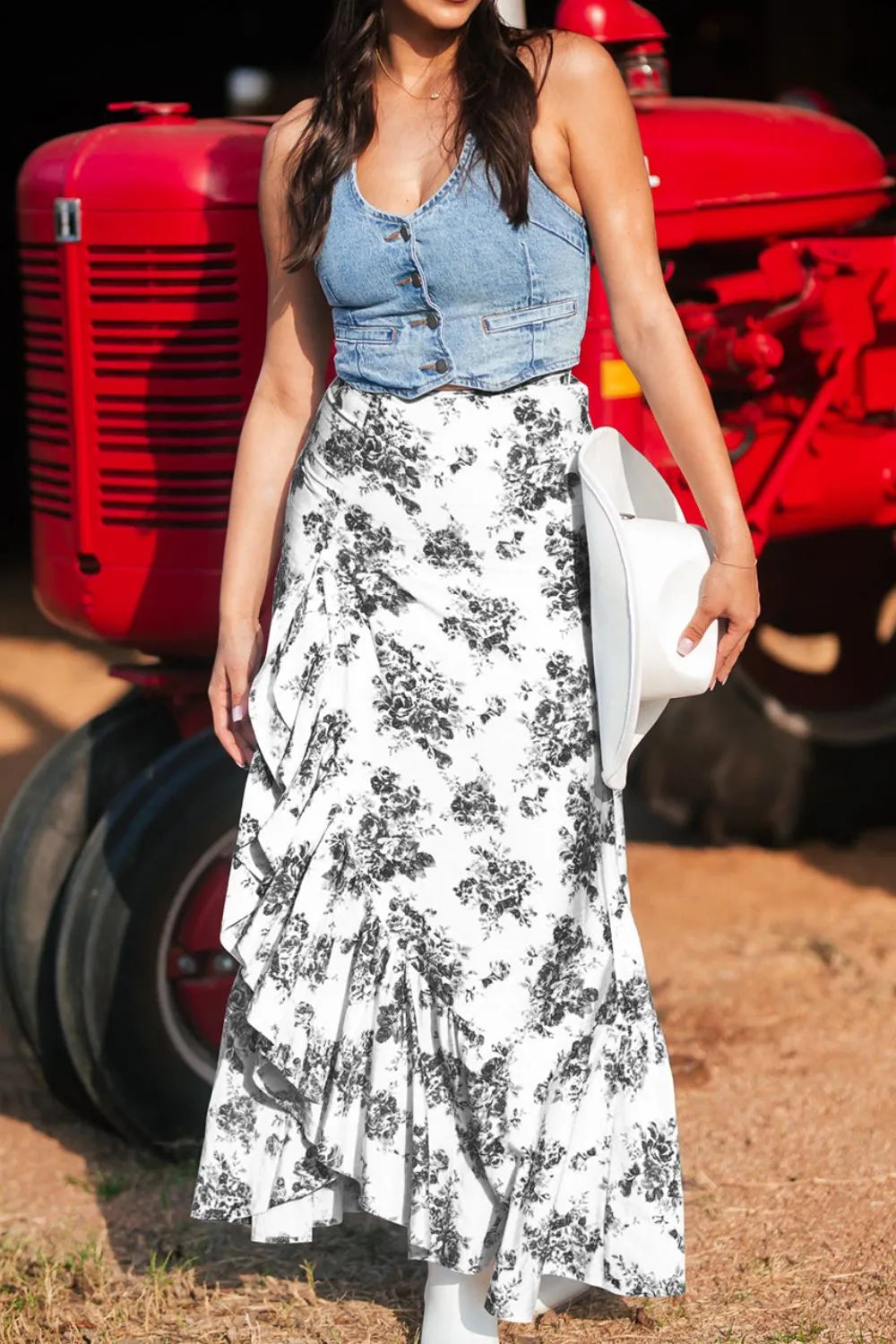 Boho Floral High Waist Ruffle Split Maxi Skirt -