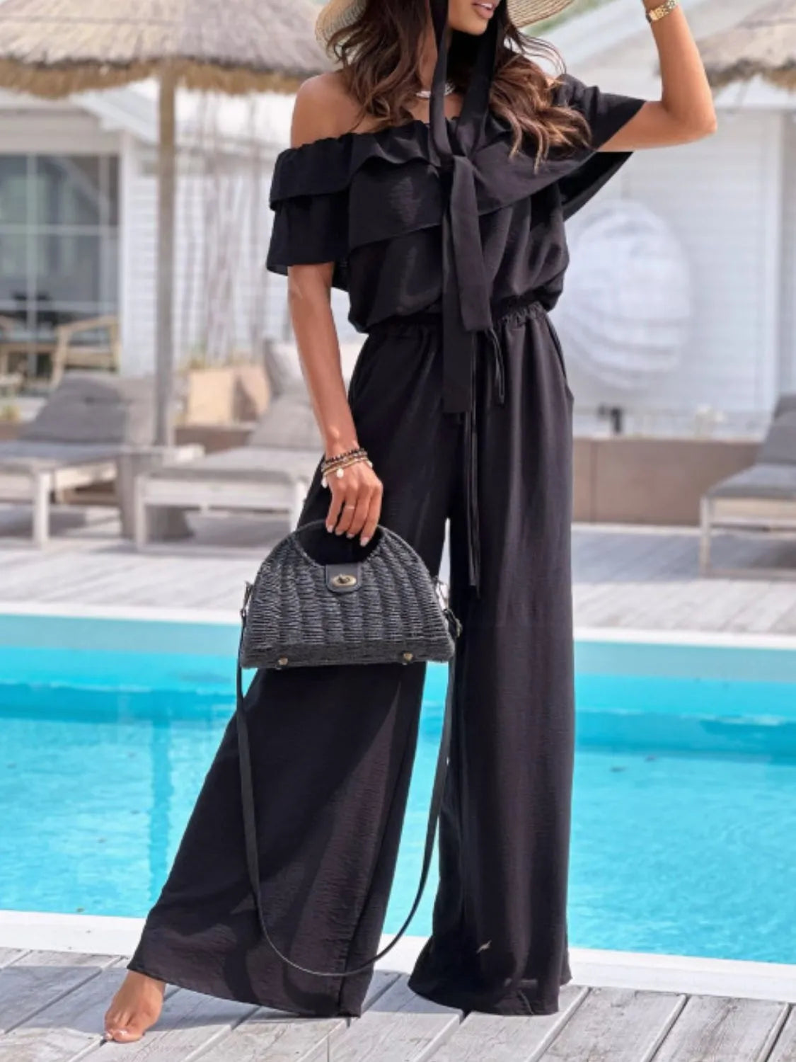 Off-Shoulder Ruffled Wide Leg Jumpsuit - Black