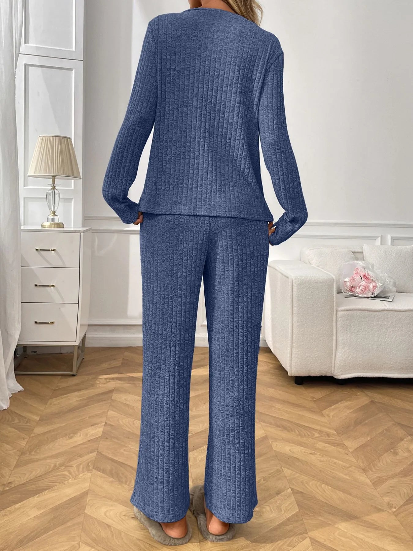 Ribbed Long Sleeve Top and Pants Lounge Set -
