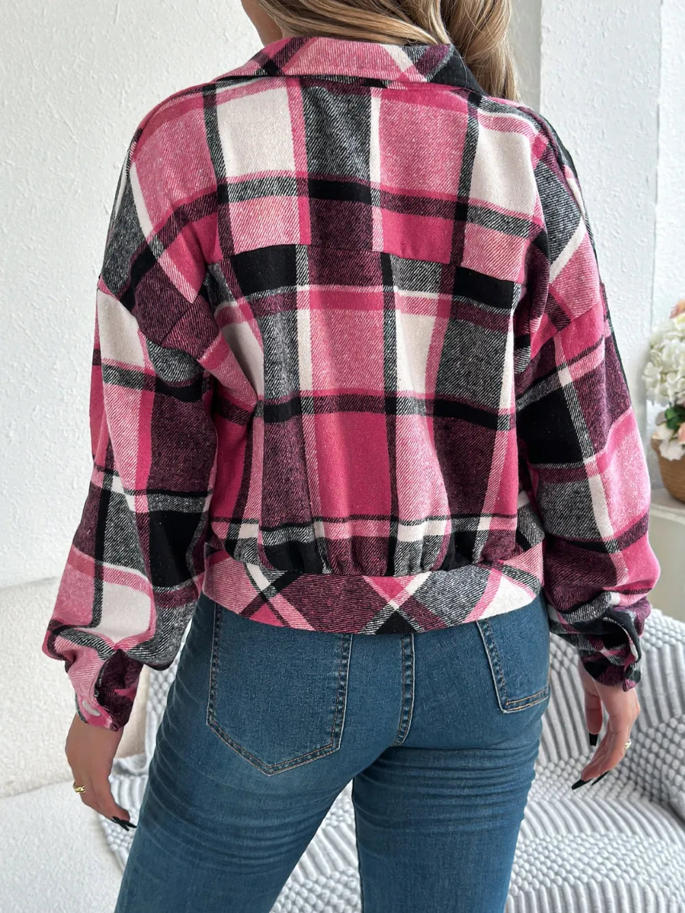 Plaid Button Up Long Sleeve Jacket - Fuchsia Pink