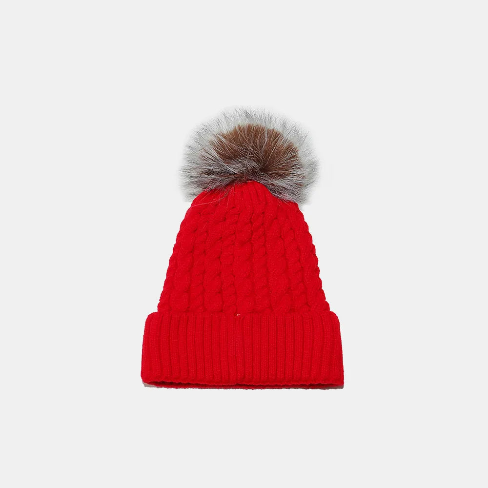Cable Knit Winter Hat with Pompom - Deep Red One Size