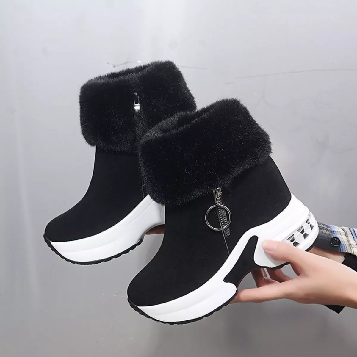 Fuzzy Side Zipper Platform Ankle Boots -