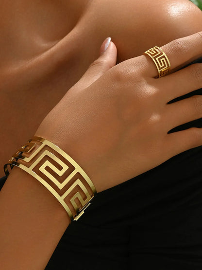 Stainless Steel Geometric Bracelet and Ring Jewelry Set -