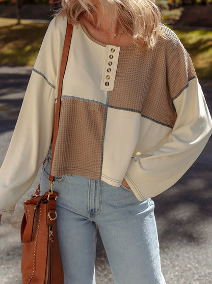 Color Block Stitch Detail Long Sleeve Top -