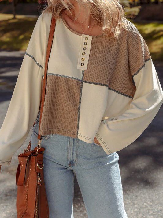 Color Block Stitch Detail Long Sleeve Top -