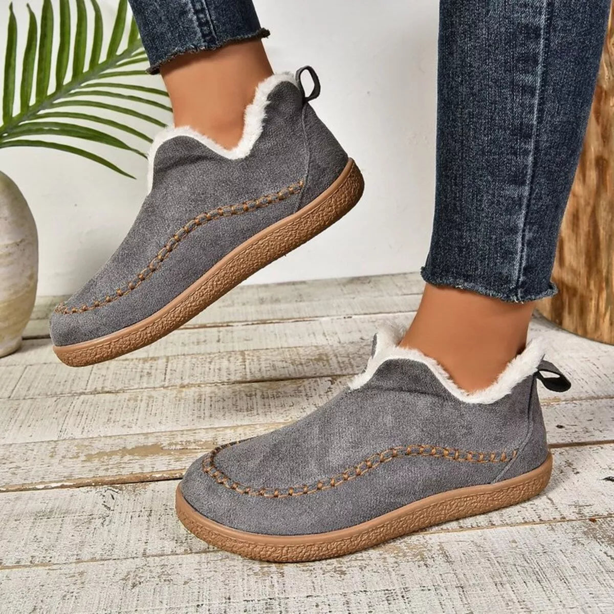 Round Toe Sherpa-Lined Slip-Ons - Dark Gray
