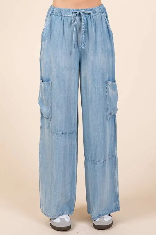Washed Elastic Waist Cargo Wide Leg Pants -