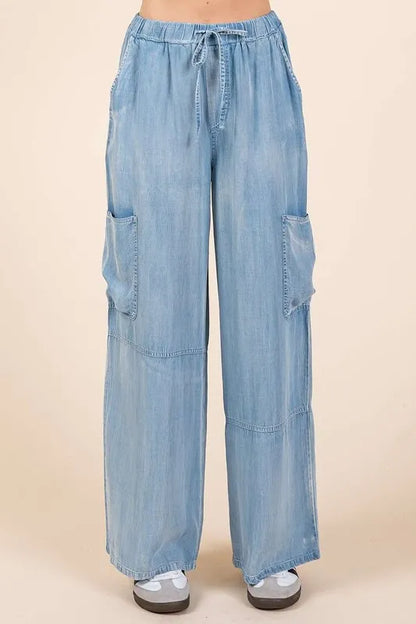 Washed Elastic Waist Cargo Wide Leg Pants -