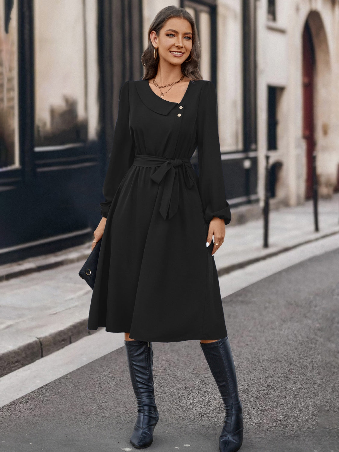 Buttoned Tie Front Long Sleeve Asymmetrical Neck Dress | AdoreStarr