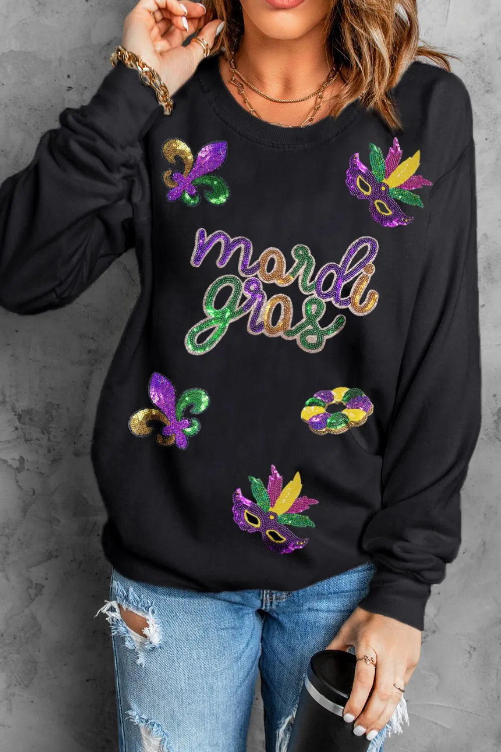 MARDI GRAS Sequin Round Neck Sweatshirt -