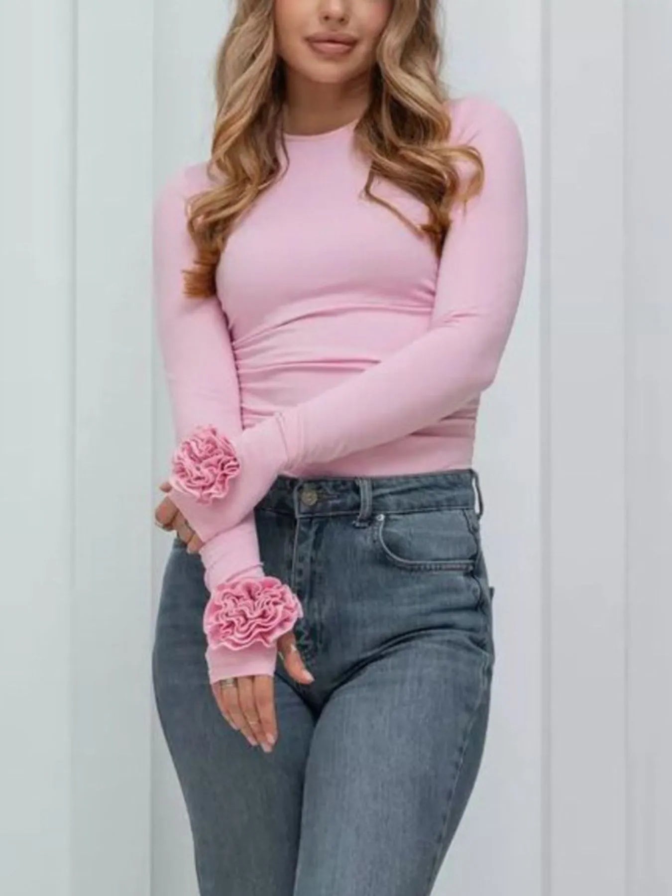 Flower Round Neck Long Sleeve T-Shirt - Blush Pink