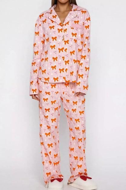 Bow Print Top and Wide Leg Pants Lounge Set - Blush Pink