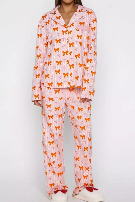 Bow Print Top and Wide Leg Pants Lounge Set - Blush Pink