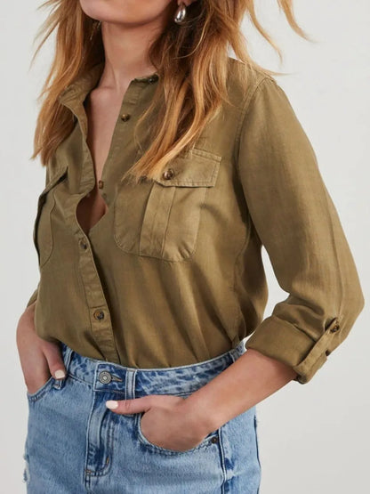 Collared Neck Roll-Tab Sleeve Denim Top -