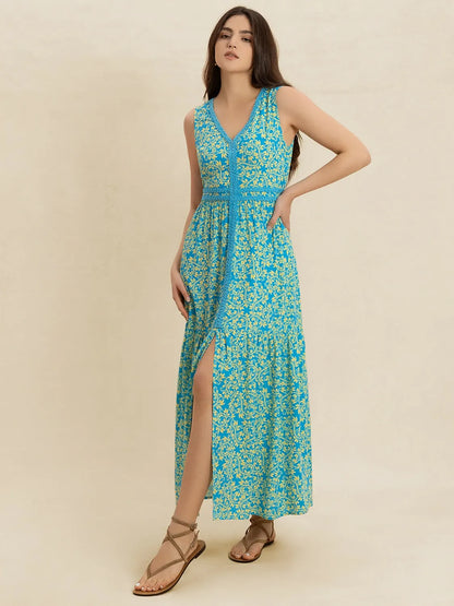 Slit Printed V-Neck Sleeveless Dress -