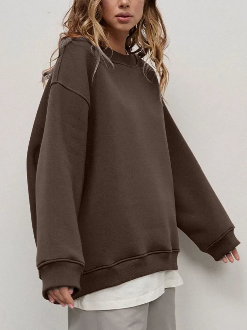 Round Neck Dropped Shoulder Long Sleeve Sweatshirt - Coffee Brown