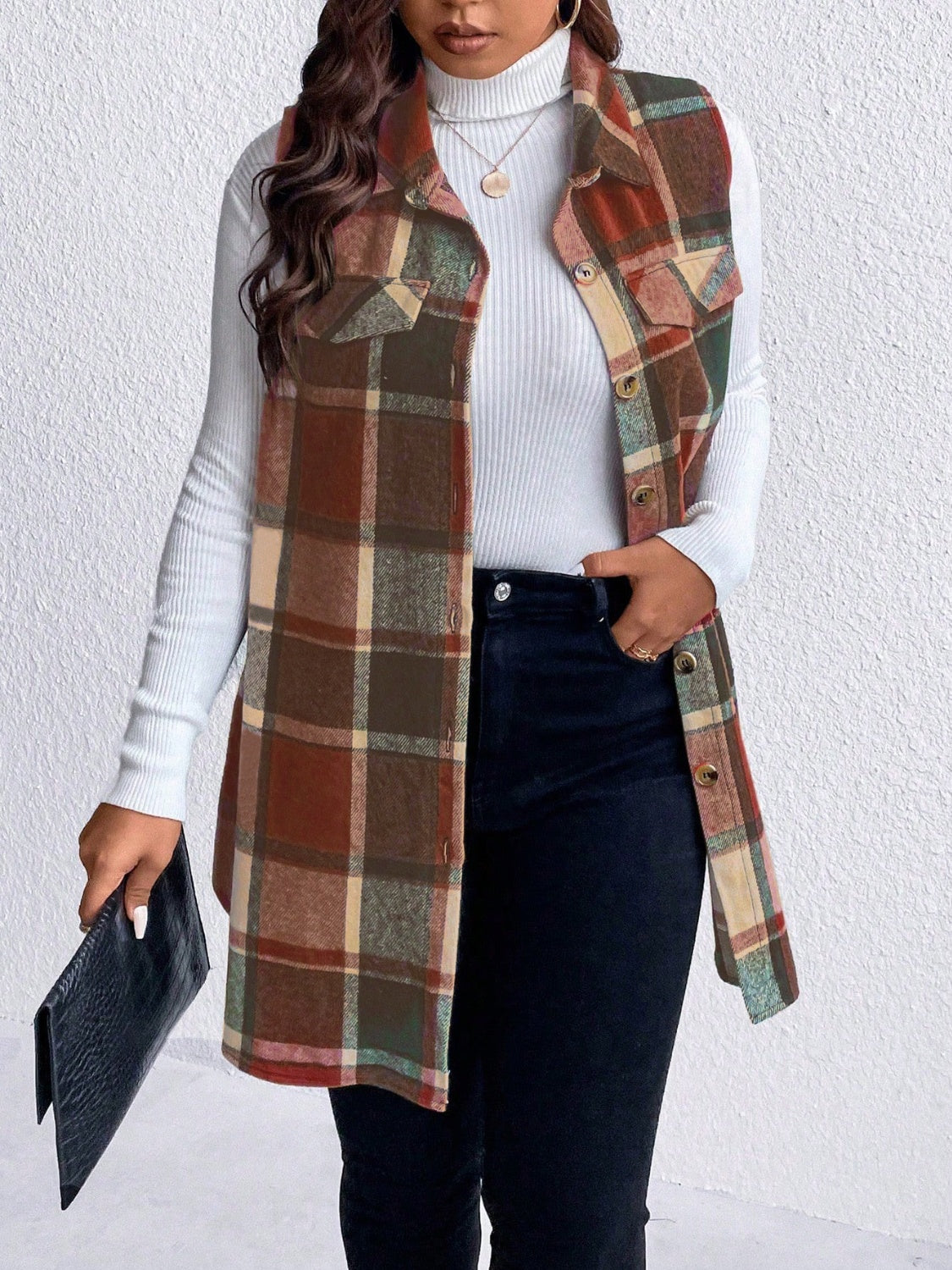 Plus Size Pocketed Plaid Button Up Vest Coat - Brown