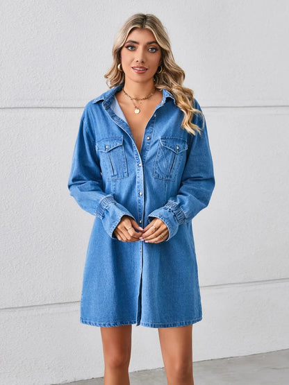 Pocketed Dropped Shoulder Mini Denim Dress -