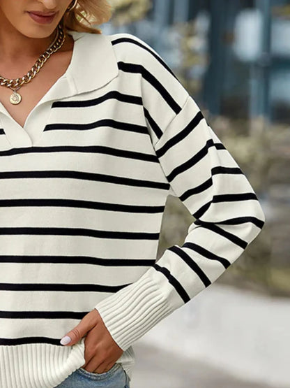 Ribbed Hem Long Sleeve Striped Sweater -