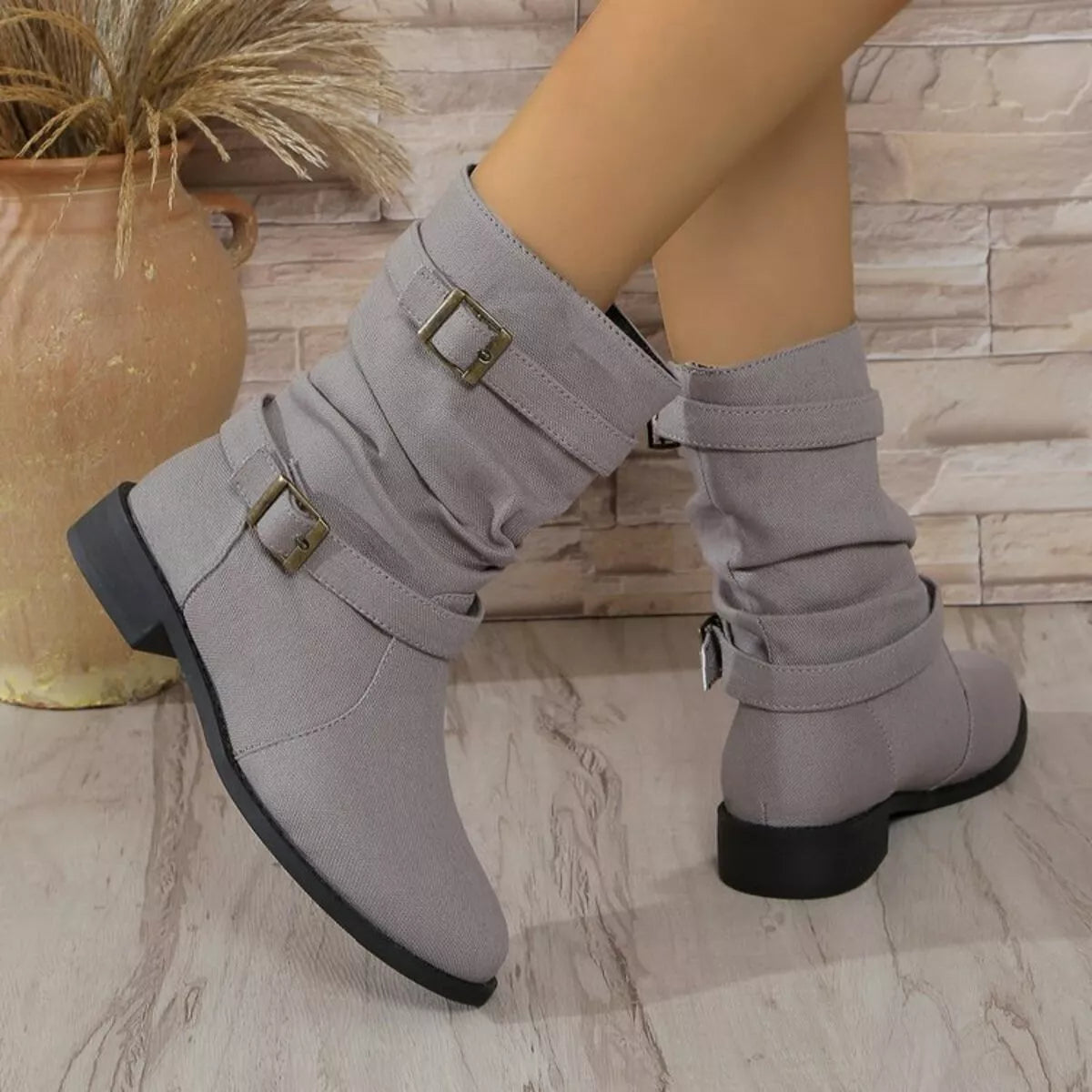 Buckle Accent Block Heel Boots -