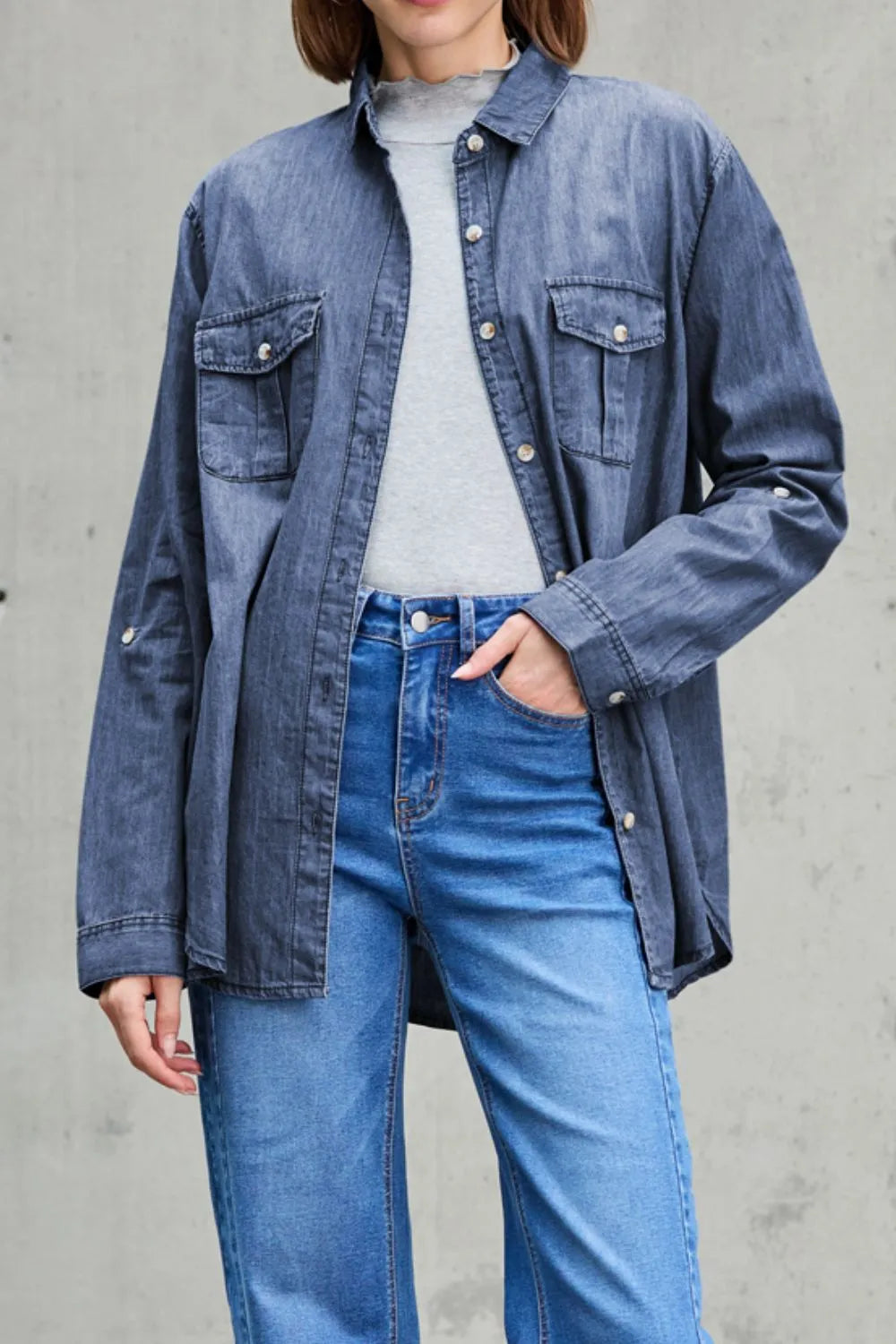 Collared Neck Long Sleeve Denim Top -