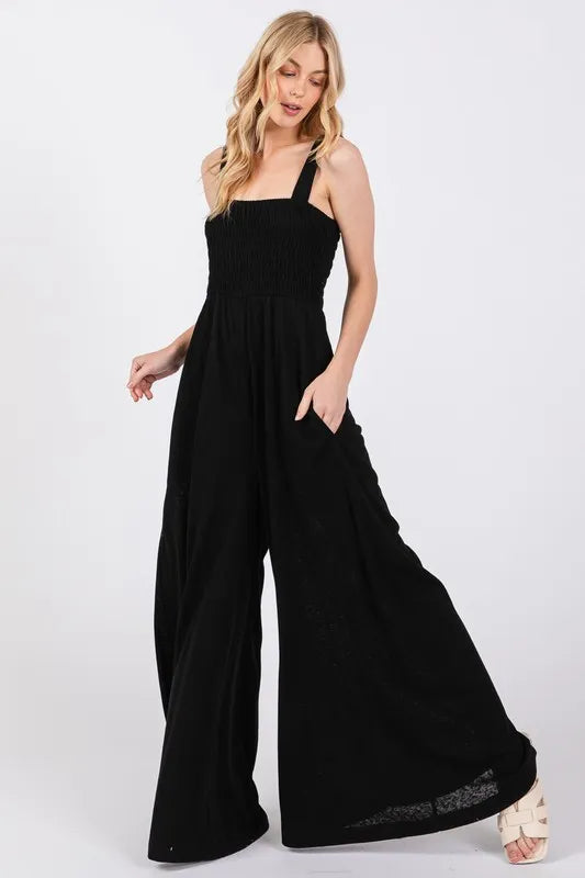 Smocked Flowy Wide Leg Jumpsuit - Black