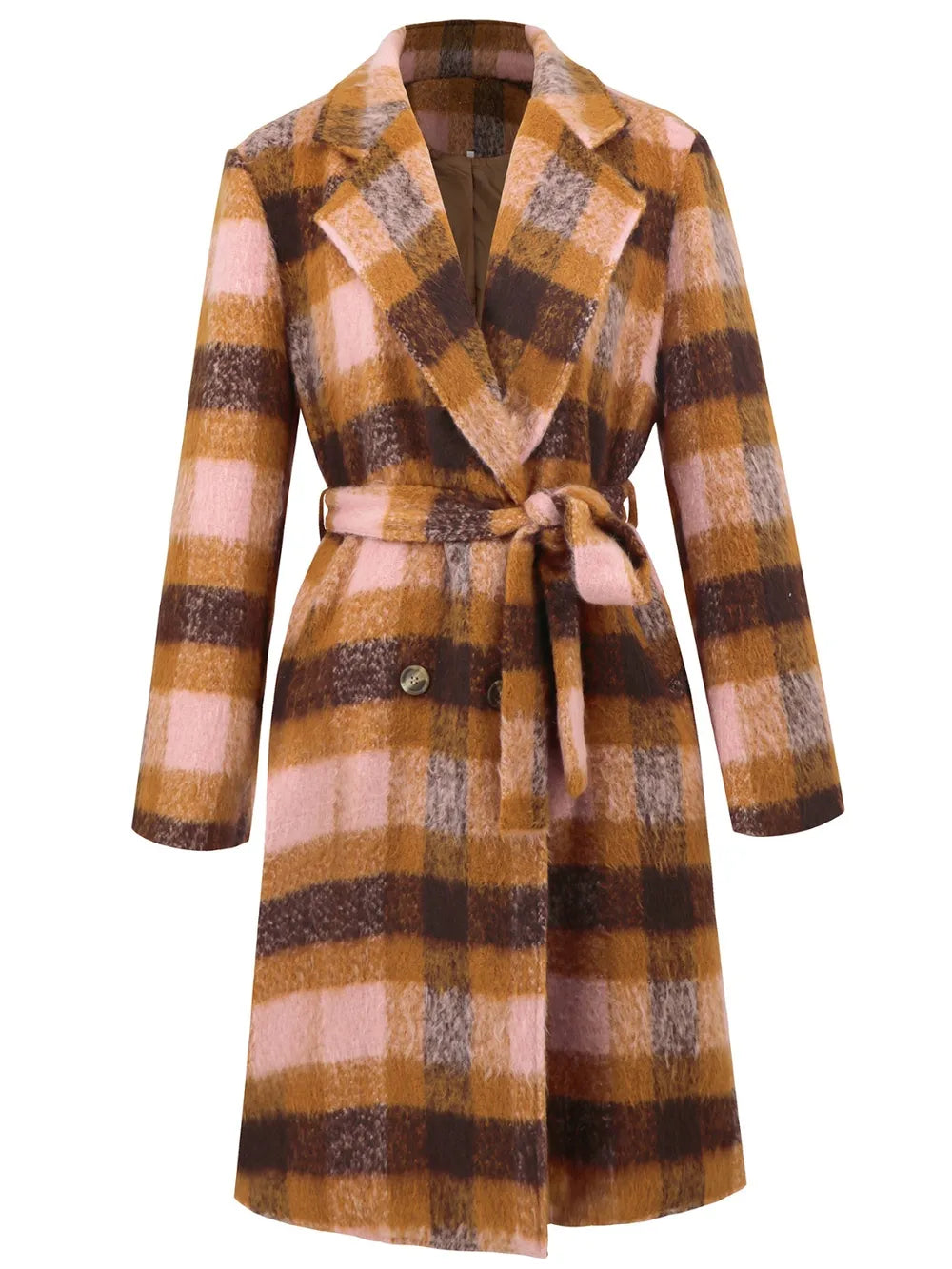 Tied Plaid Collared Neck Coat - Watermelon Pink