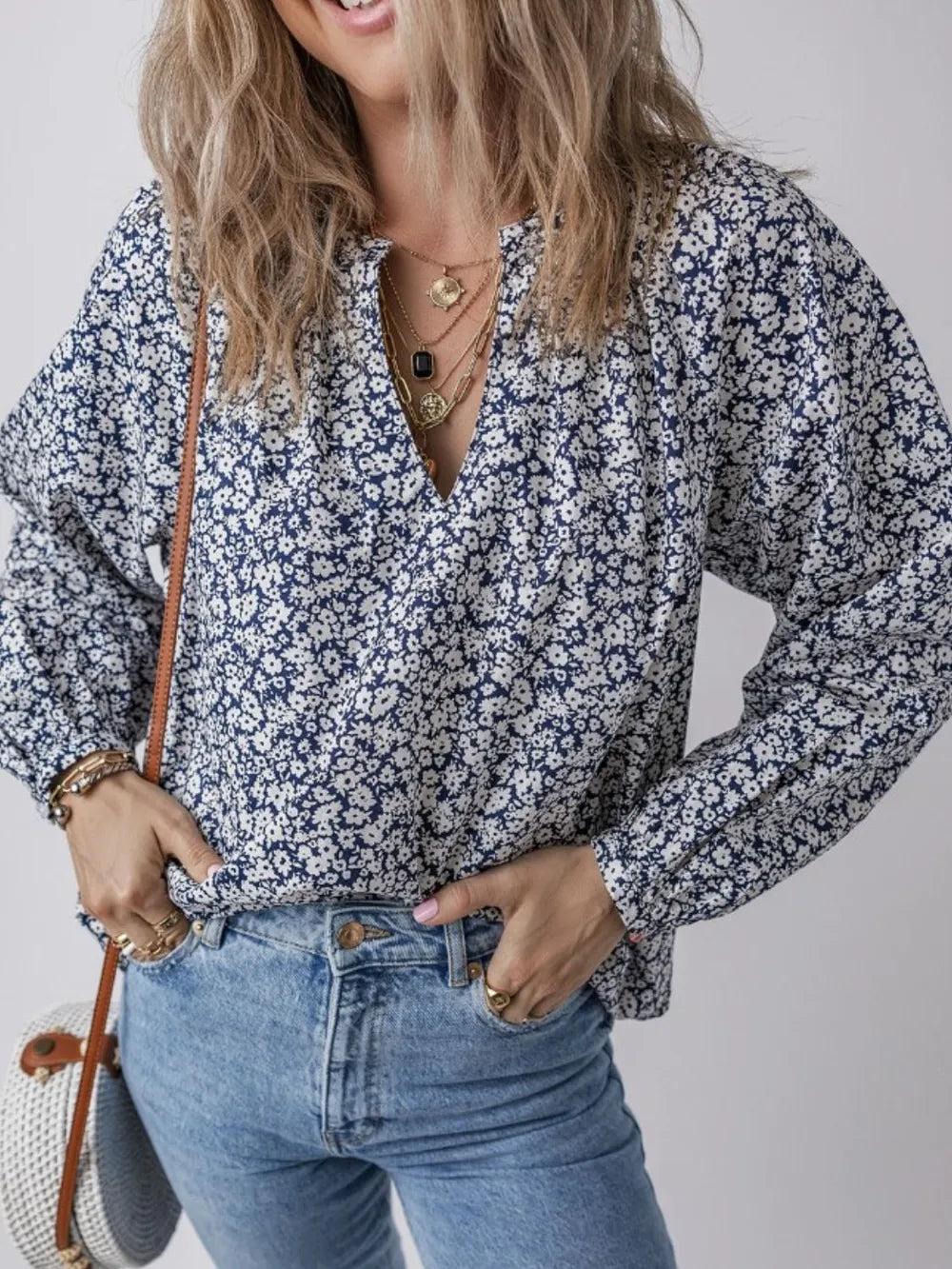 Floral Print Notched Long Sleeve Blouse -