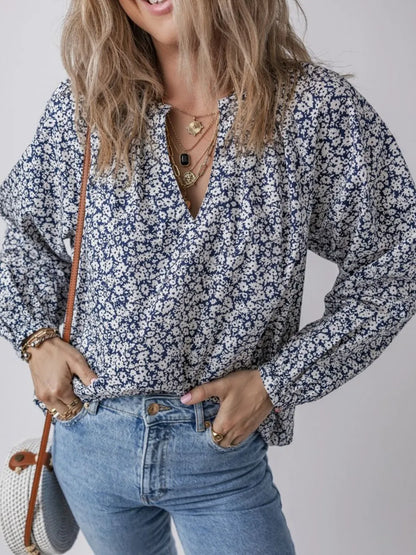 Floral Print Notched Long Sleeve Blouse -