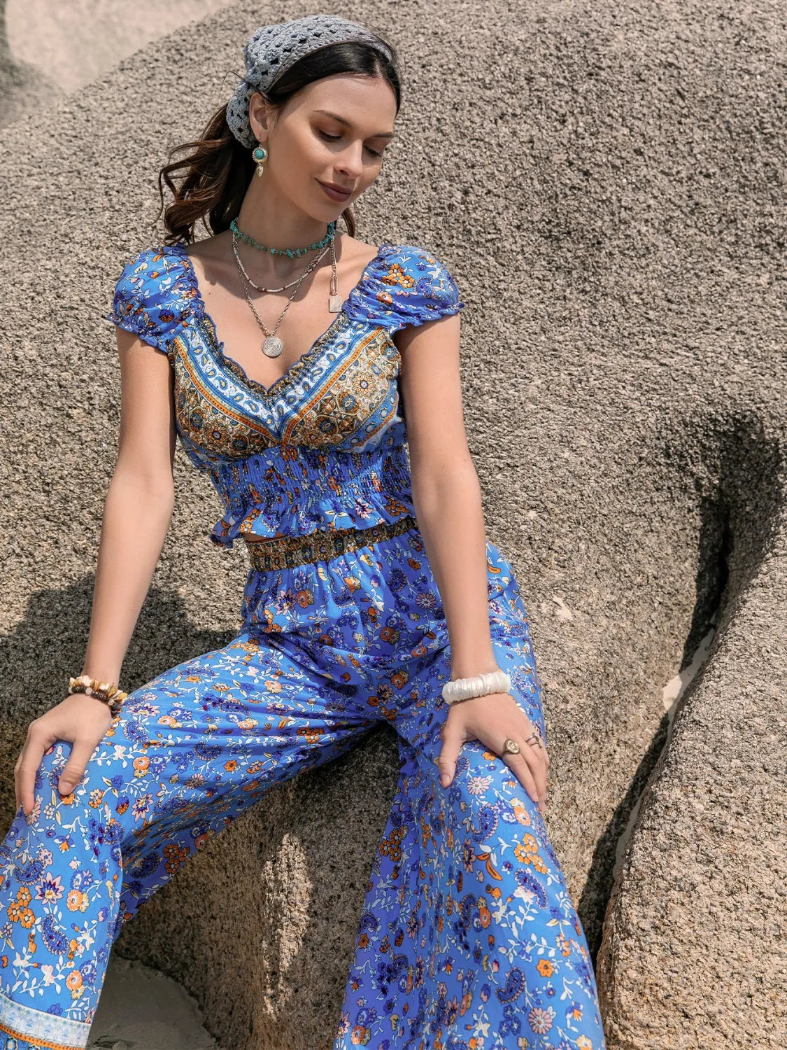 Printed V-Neck Top and Pants Set - Blue