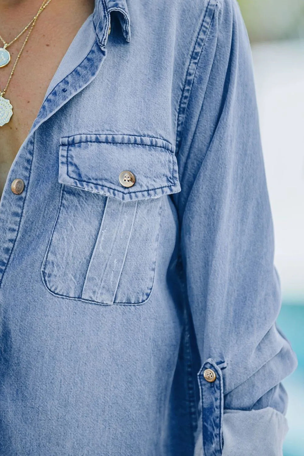 Collared Neck Long Sleeve Denim Top -
