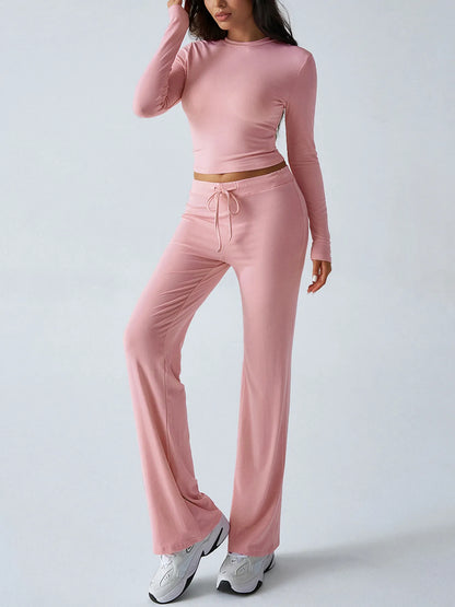 Round Neck Long Sleeve Top and Pants Set - Pink