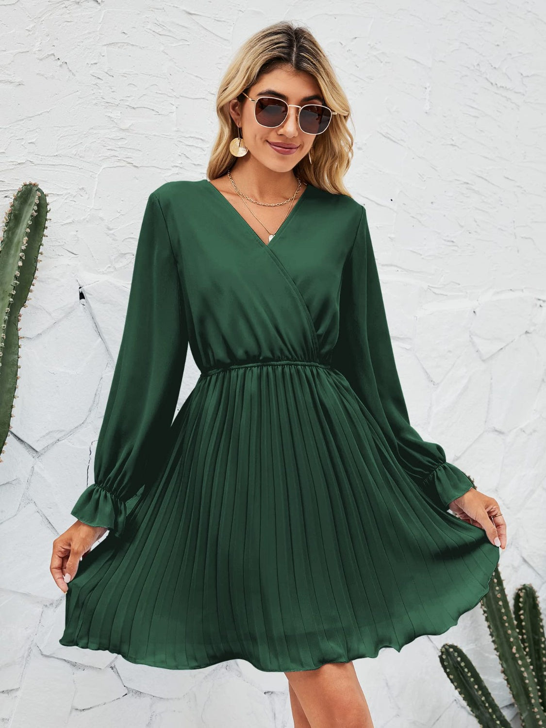 Surplice Flounce Sleeve Pleated Mini Dress | AdoreStarr