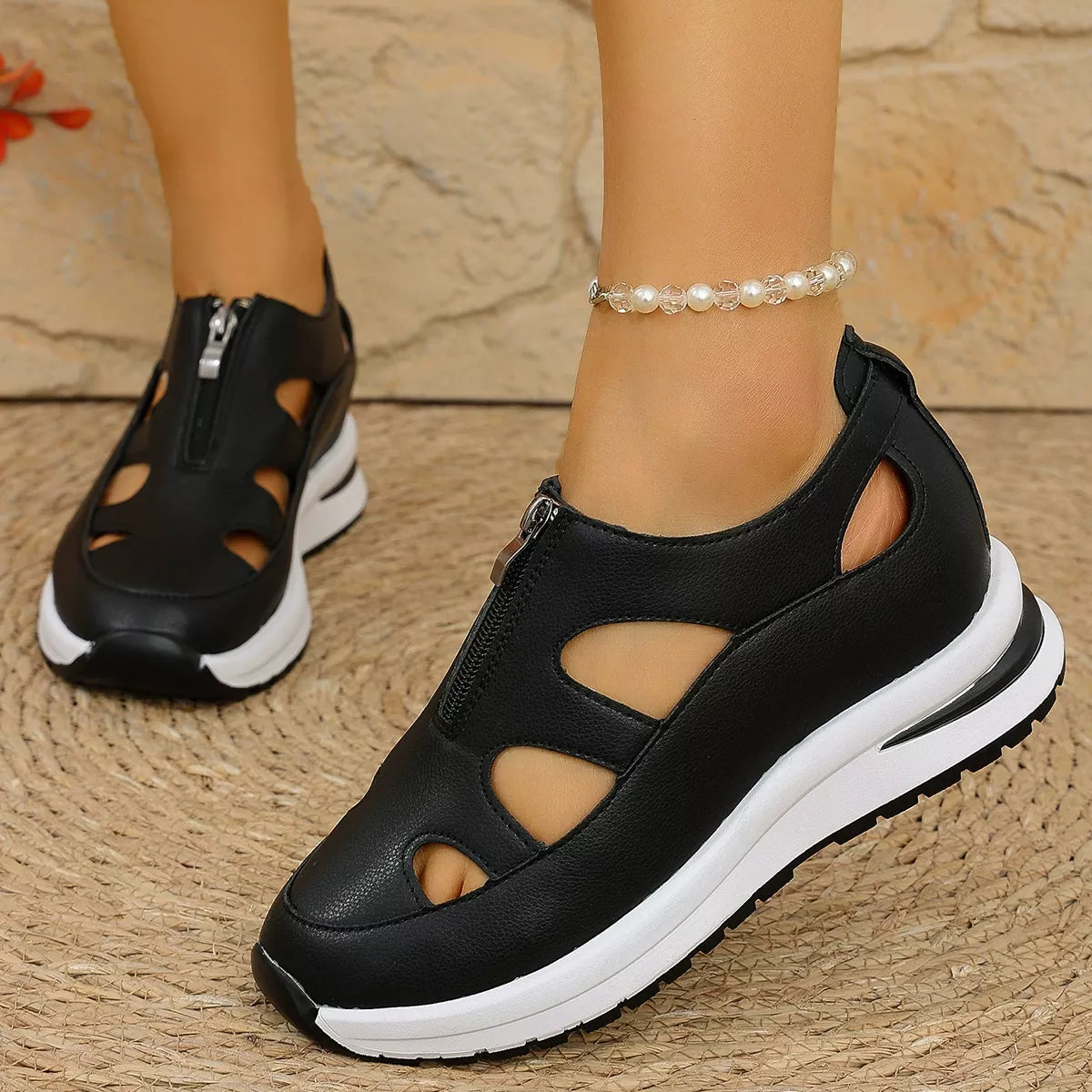Cutout Zipper Wedge Sneakers - Black