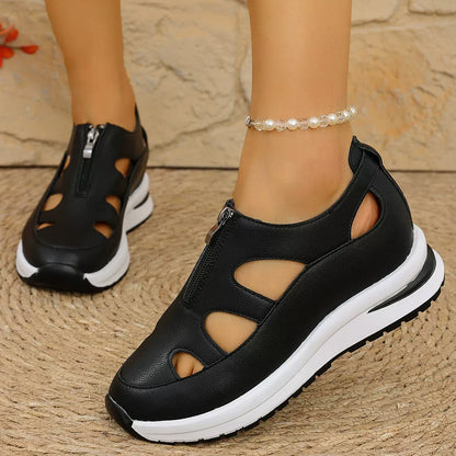 Cutout Zipper Wedge Sneakers - Black