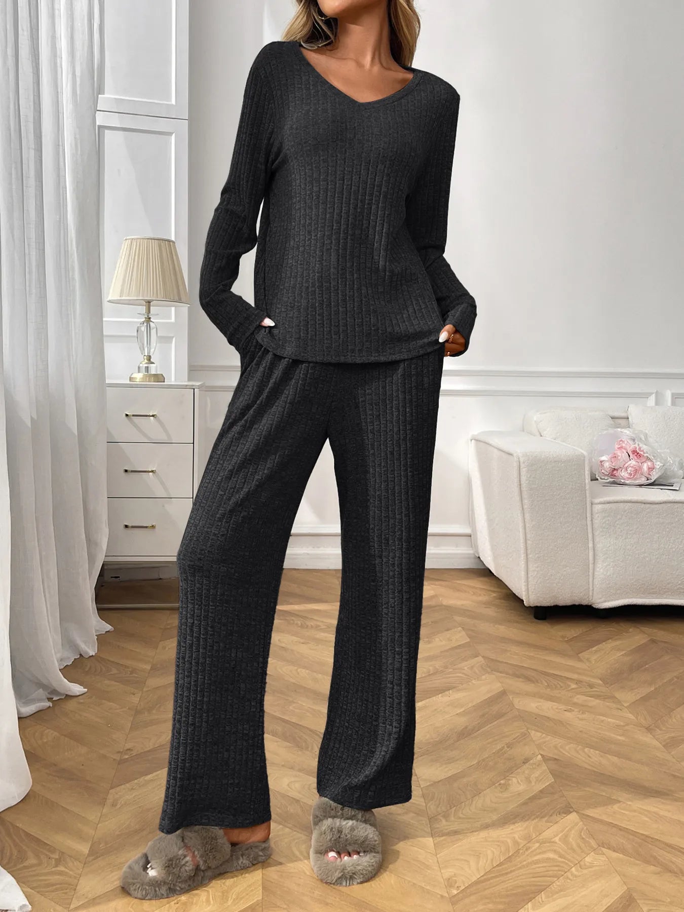 Ribbed Long Sleeve Top and Pants Lounge Set -