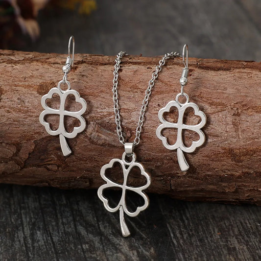 Lucky Clover Alloy Earrings and Necklace Jewelry Set - Silver One Size
