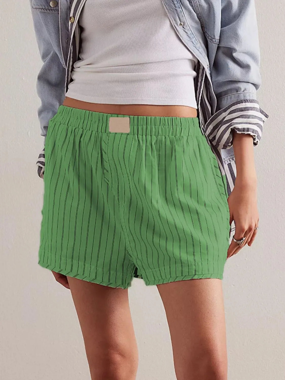 Striped Elastic Waist Shorts - Green
