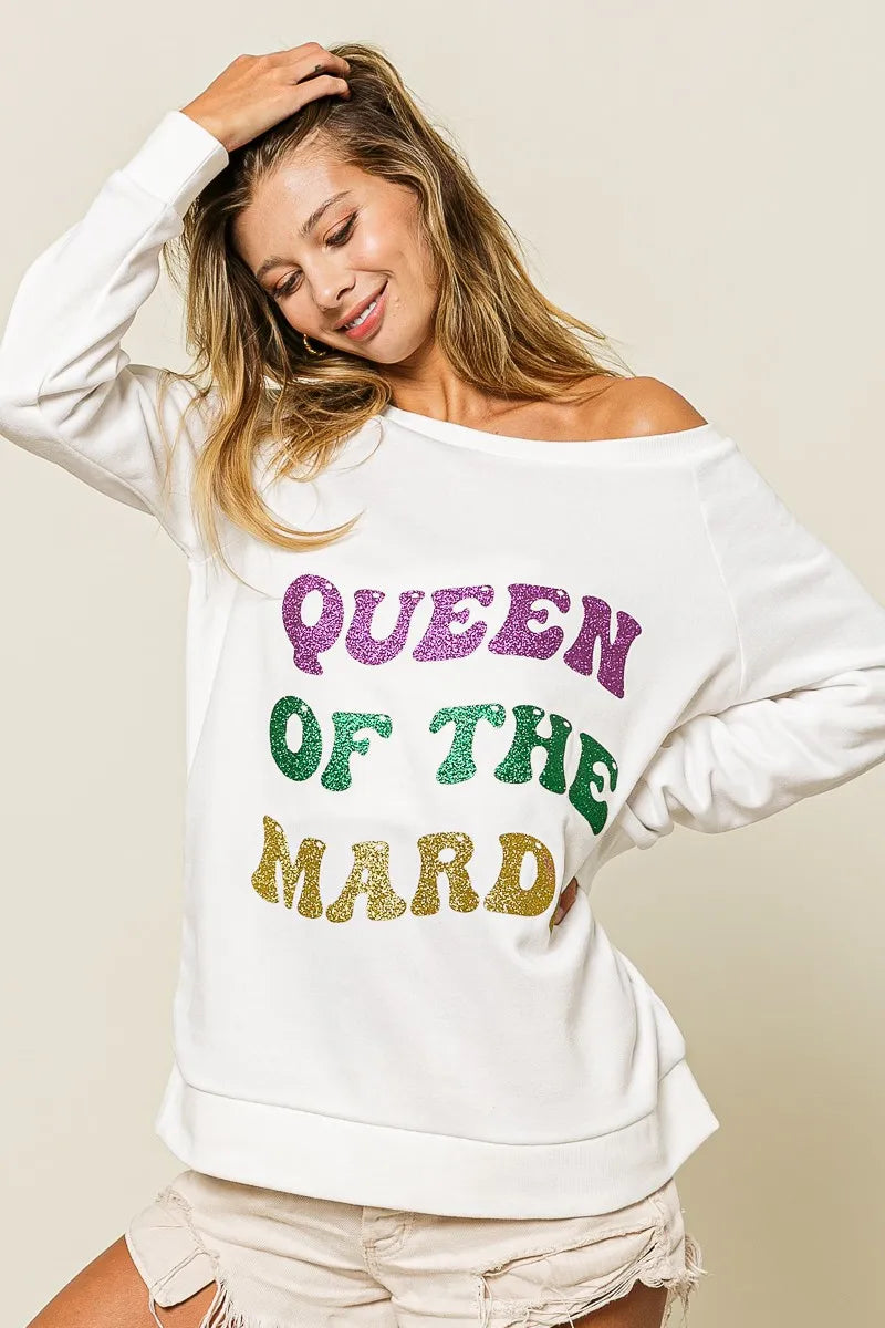 BiBi Queen Of Mardi Glitter Print Mardi Gras Sweatshirt -