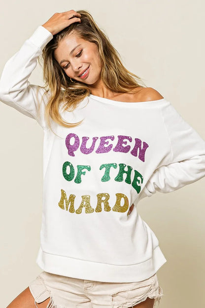 BiBi Queen Of Mardi Glitter Print Mardi Gras Sweatshirt -